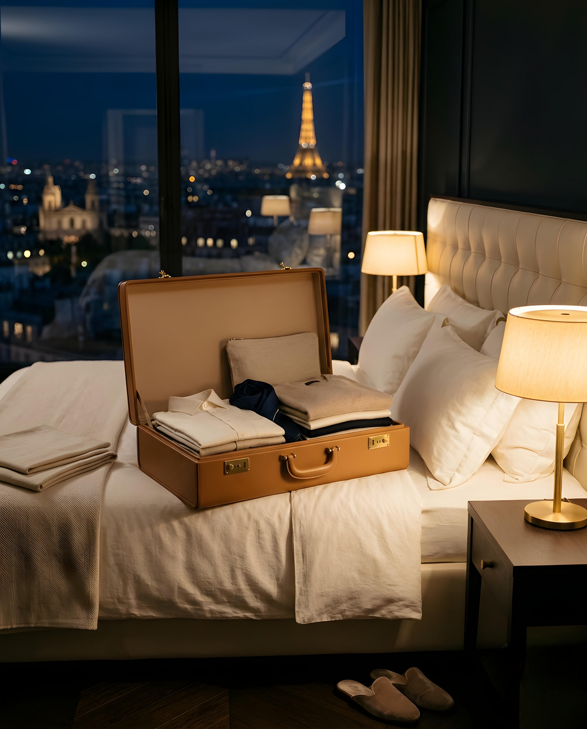 Valise en cuir ouverte sur le lit d'une suite d'hôtel, vue sur Paris la nuit