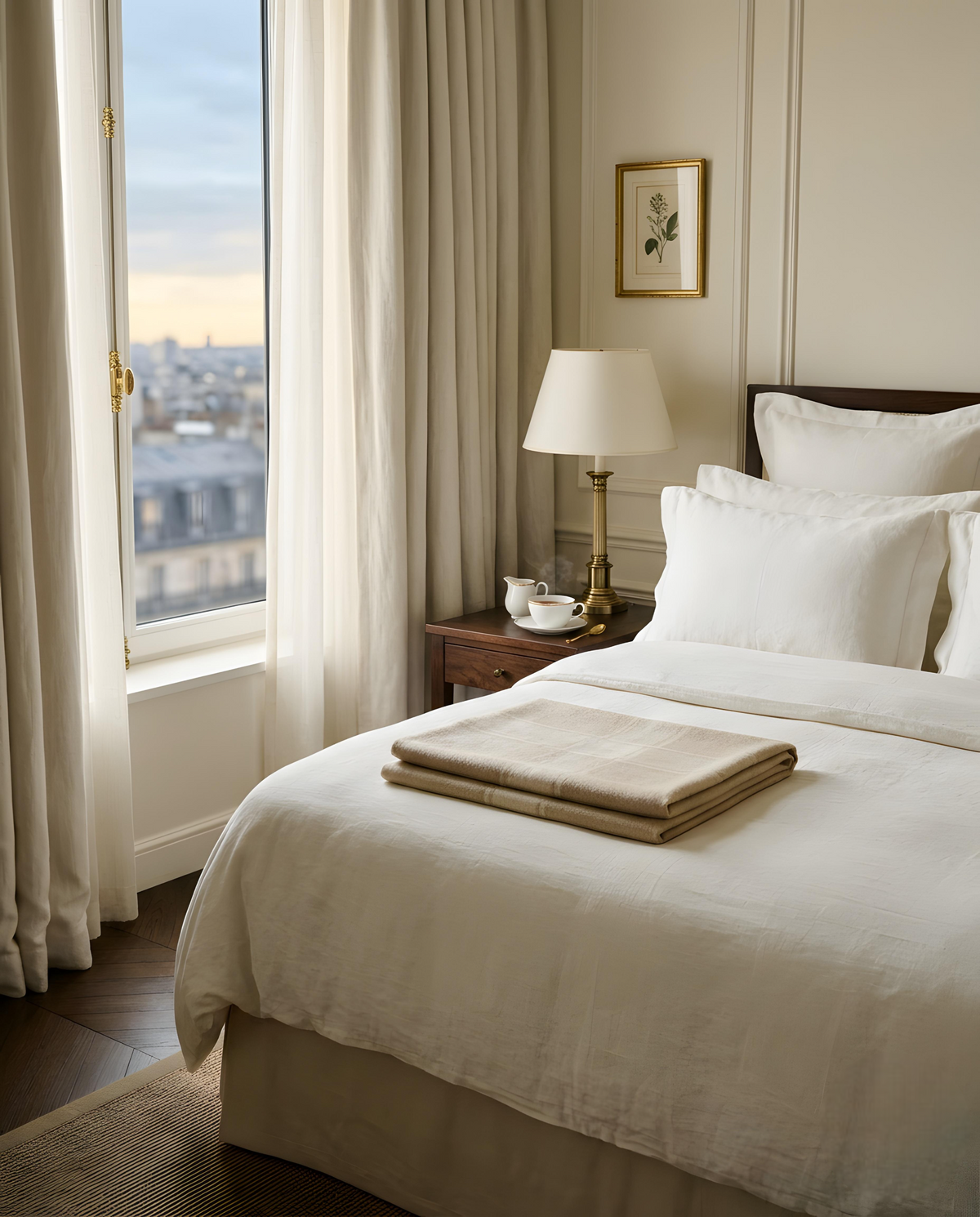 Chambre d'hôtel au petit matin, linge ivoire, plaid champagne et tasse de thé, vue sur les toits de Paris